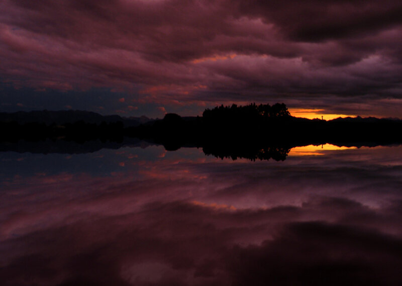 Silhouetted Trees at Sunset — Purple, Dramatic, Photograph, Clouds, Mountains