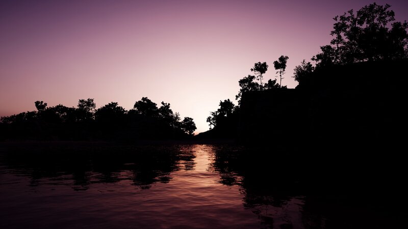 Silhouetted Trees at Sunset — Purple, Serene, 3d Render