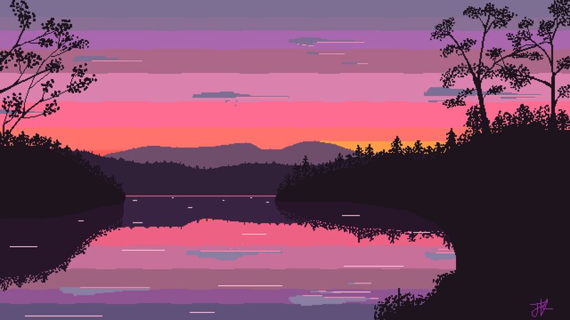 Silhouetted Trees at Sunset — Purple, Serene, Pixel Art