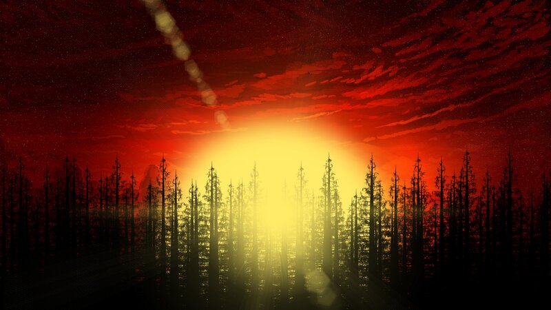 Silhouetted Trees at Sunset — Red, Dramatic, Digital Art, Sun