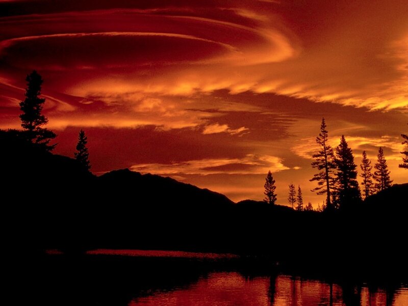 Silhouetted Trees at Sunset — Red, Dramatic, Photograph, Mountains