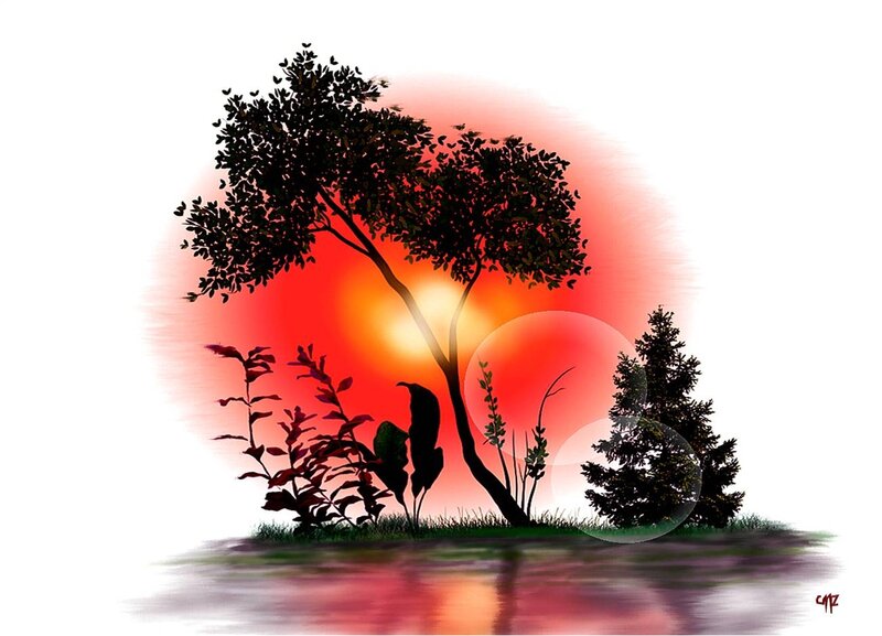 Silhouetted Trees at Sunset — Red, Serene