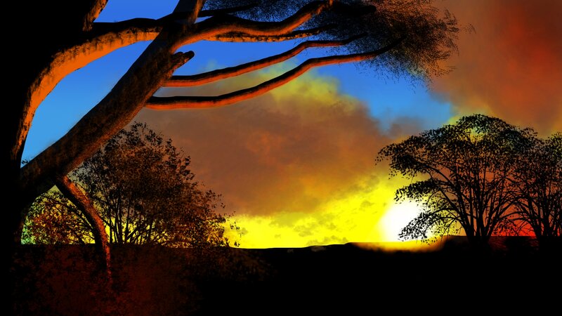Silhouetted Trees at Sunset — Yellow, Dramatic, Digital Art