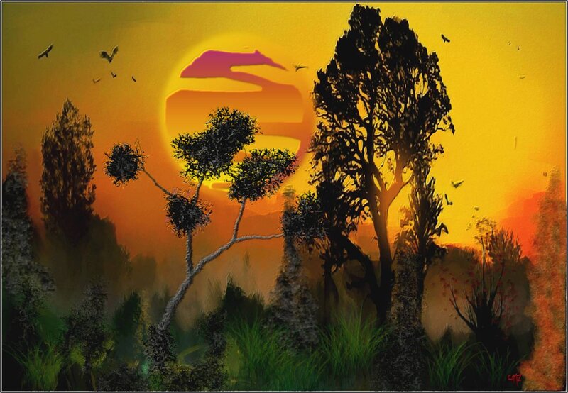 Silhouetted Trees at Sunset — Yellow, Serene, Digital Art, Birds