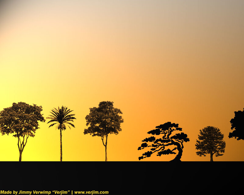 Silhouetted Trees at Sunset — Yellow, Serene, Digital Art, Sky