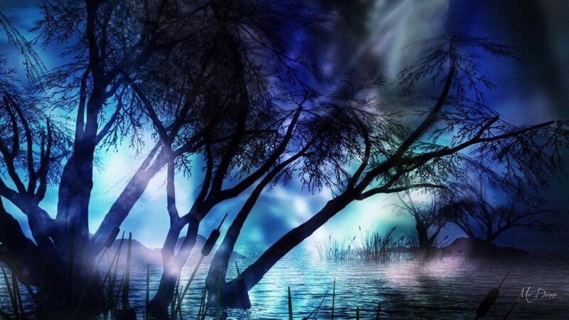 Silhouetted Trees by Lake — Blue, Mystical