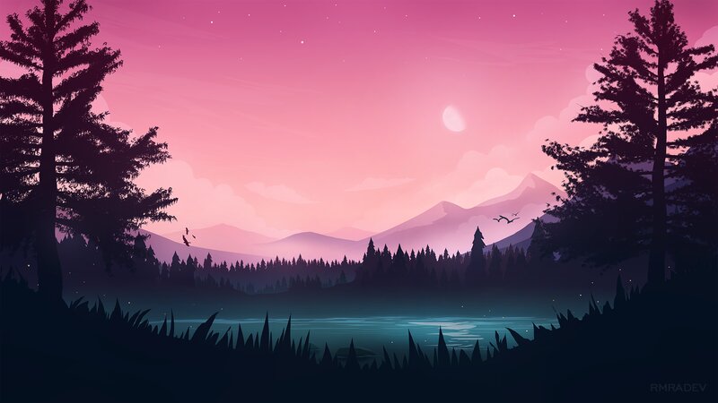 Silhouetted Trees by Lake — Pink