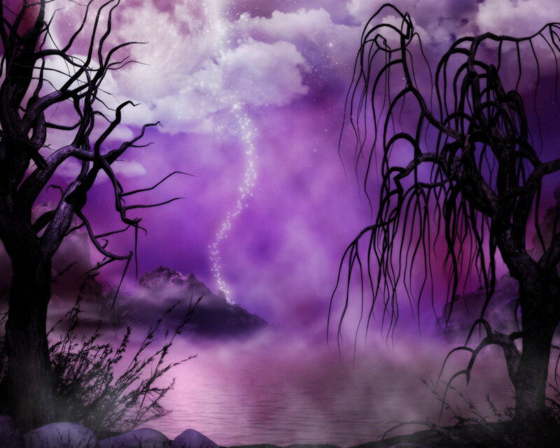 Silhouetted Trees by Lake — Purple, Mystical