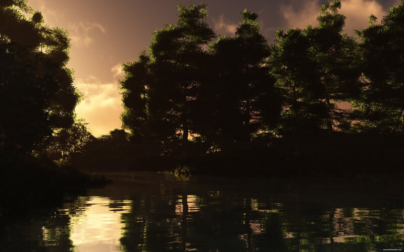 Silhouetted Trees by River