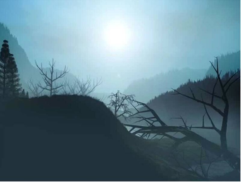 Silhouetted Trees in Fog — Blue, Somber, Morning
