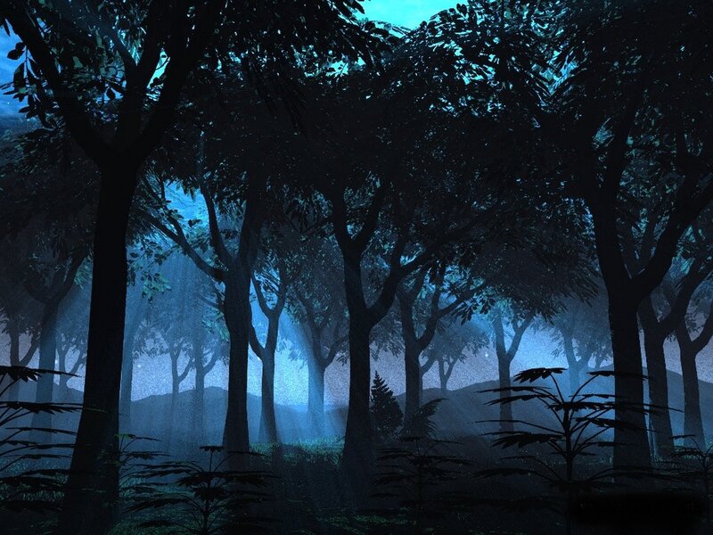 Silhouetted Trees in Forest — Blue, Mysterious, Night, Digital Art, Fog, Black