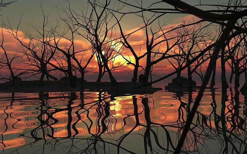 Silhouetted Trees in Water — Orange, Dramatic, Sunset, Digital Art, Sky