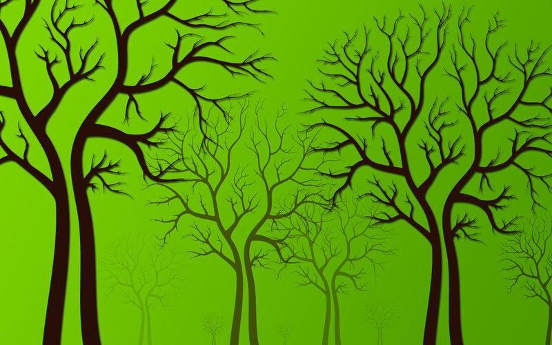 silhouetted trees on green