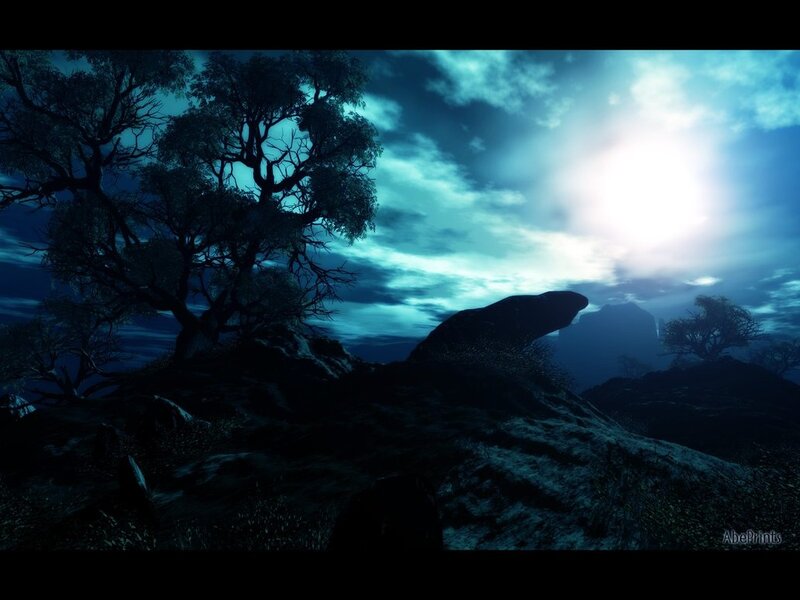 Silhouetted Trees on Hill — Blue