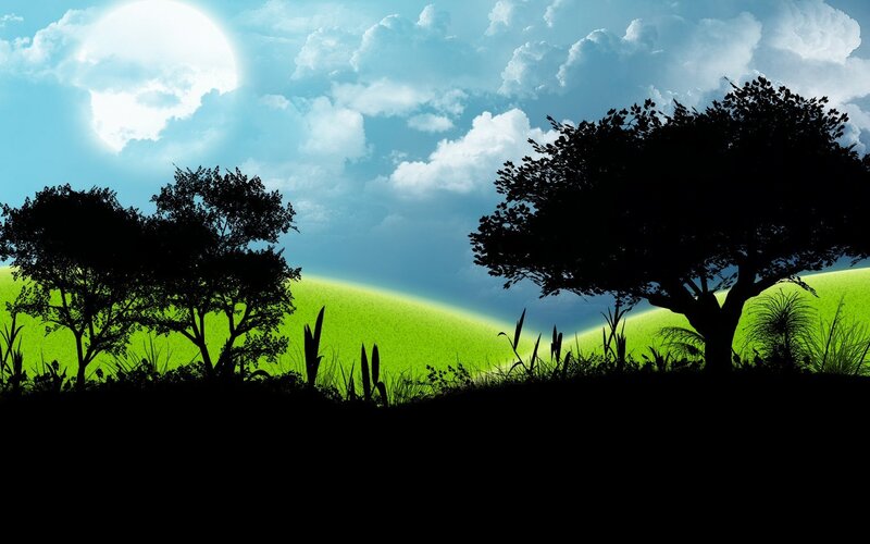 Silhouetted Trees on Hill — Green, Serene, Night
