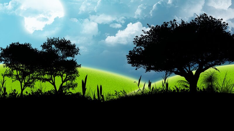 Silhouetted Trees on Hill — Green