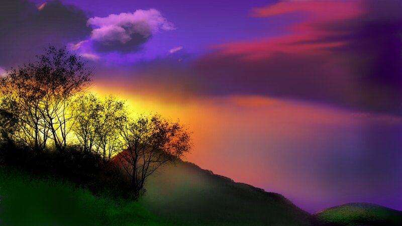 Silhouetted Trees on Hill — Purple, Dramatic, Sunset, Digital Art