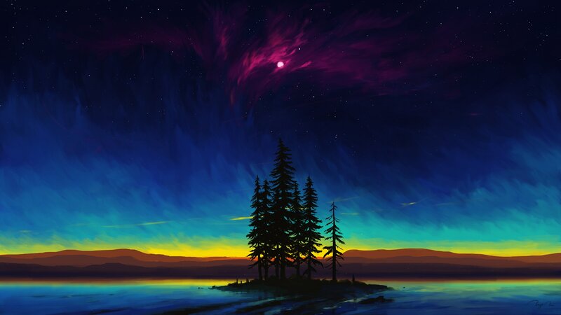 Silhouetted Trees on Island — Blue