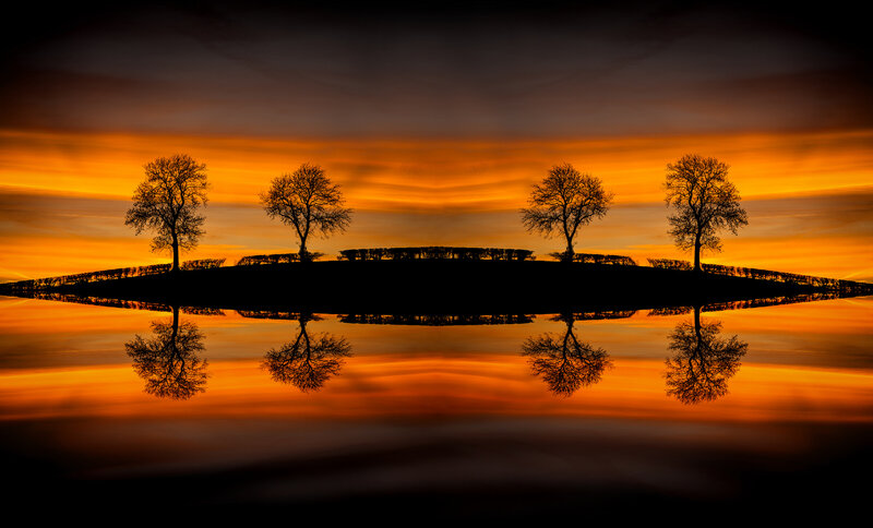 Silhouetted Trees on Island — Orange, Dramatic, Sunset