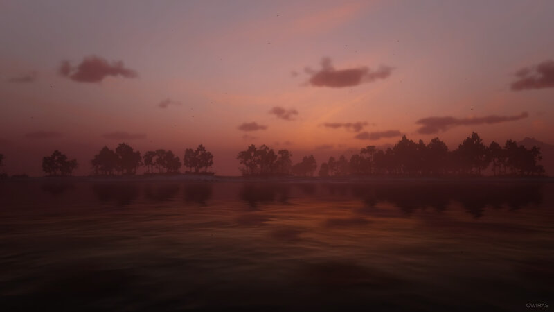 Silhouetted Trees on Island — Pink, Serene