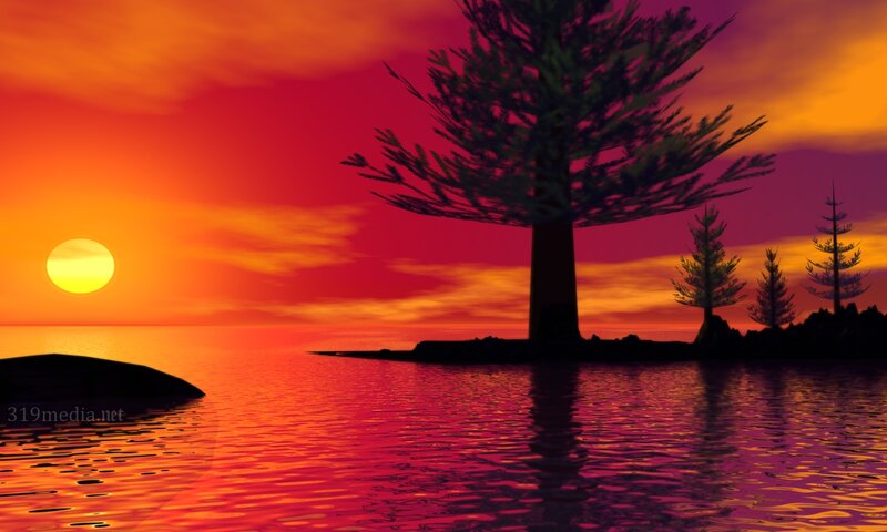 Silhouetted Trees on Island — Red, Serene