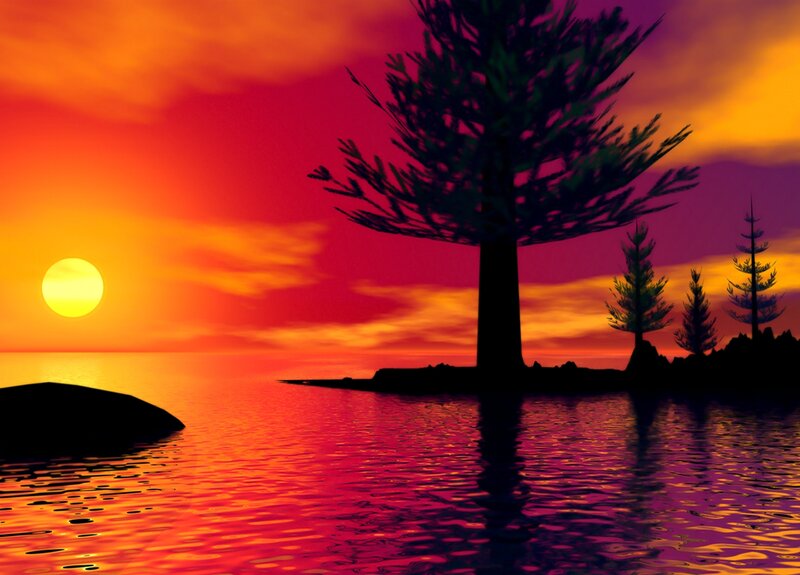 Silhouetted Trees on Island — Red