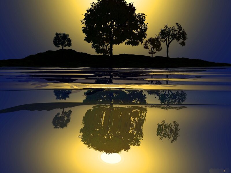 Silhouetted Trees on Island — Yellow, Serene