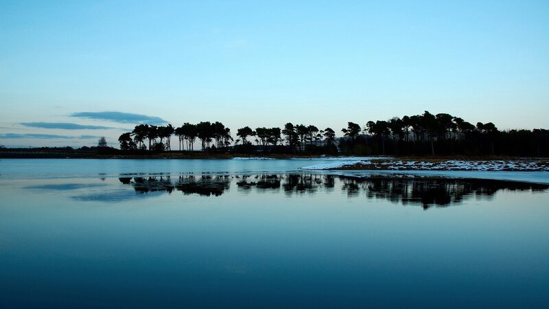 Silhouetted Trees on Lake — Blue, Serene, Sunset, Photograph, Sky, Snow