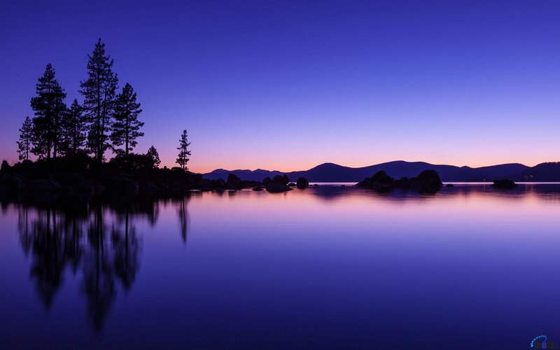 Silhouetted Trees on Lake — Blue, Serene, Sunset, Photograph