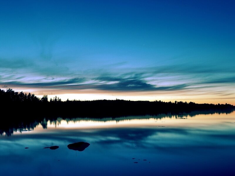 Silhouetted Trees on Lake — Blue, Serene, Sunset