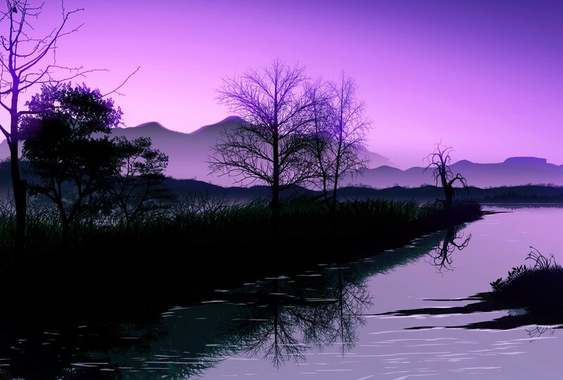 Silhouetted Trees on Lake — Purple, Serene, Sunset, Digital Art