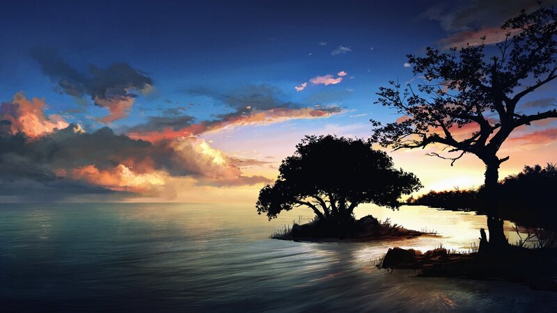 Silhouetted Trees on Shore — Blue