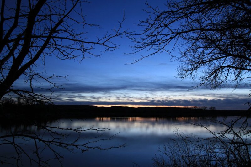 Silhouetted Trees over Lake — Blue