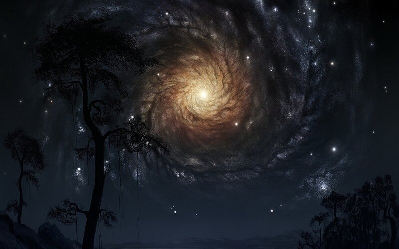 Silhouetted Trees under Galaxy — Black, Dramatic