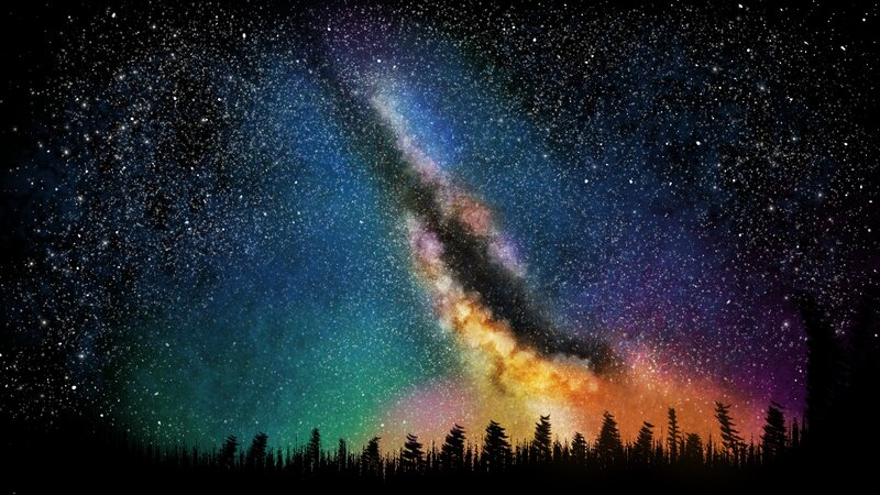 Silhouetted Trees under Galaxy — Black, Serene