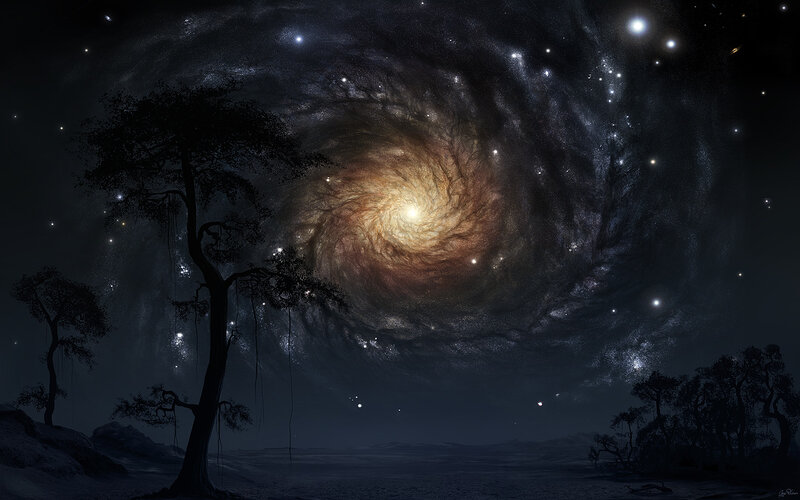 Silhouetted Trees under Galaxy — Black