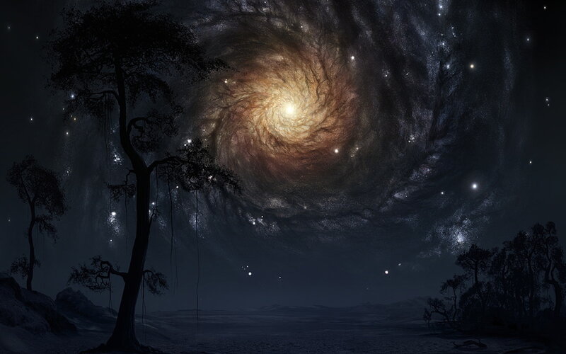 Silhouetted Trees under Galaxy