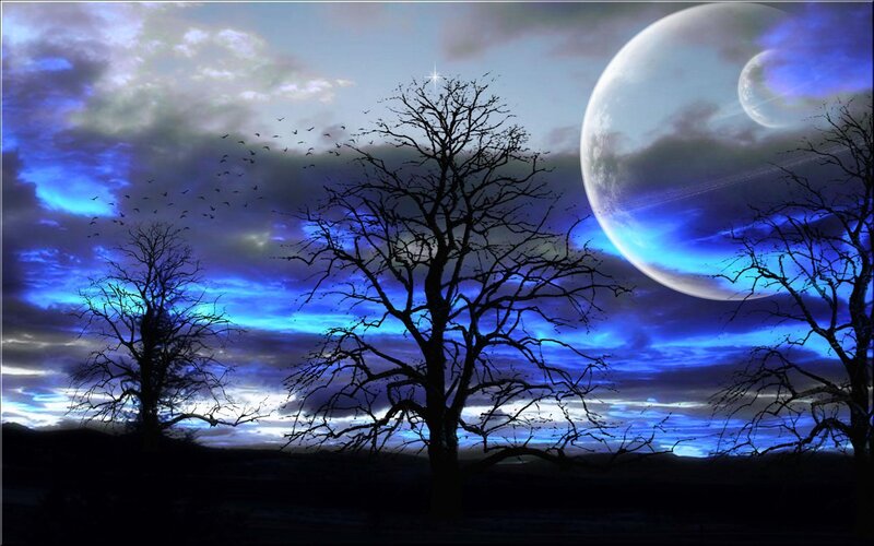 Silhouetted Trees under Moon — Blue, Dramatic, Night, Digital Art, Clouds, Birds, Black