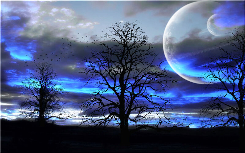 Silhouetted Trees under Moon — Blue, Dramatic, Night, Digital Art, Clouds, Birds