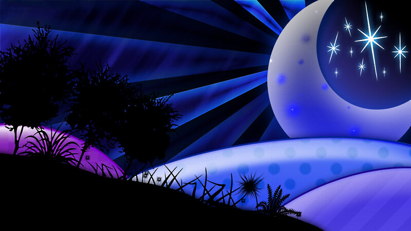 Silhouetted Trees under Moon — Blue, Serene, Night