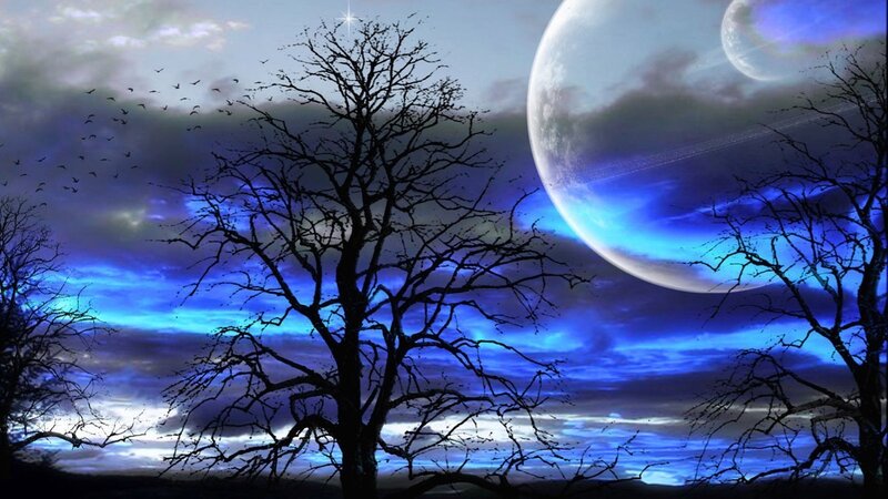 Silhouetted Trees under Moons — Blue