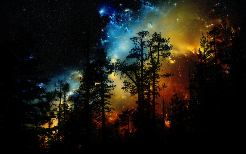 Silhouetted Trees under Nebula — Blue