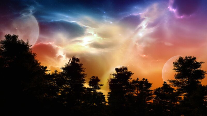 Silhouetted Trees under Nebula — Orange, Dramatic, Night