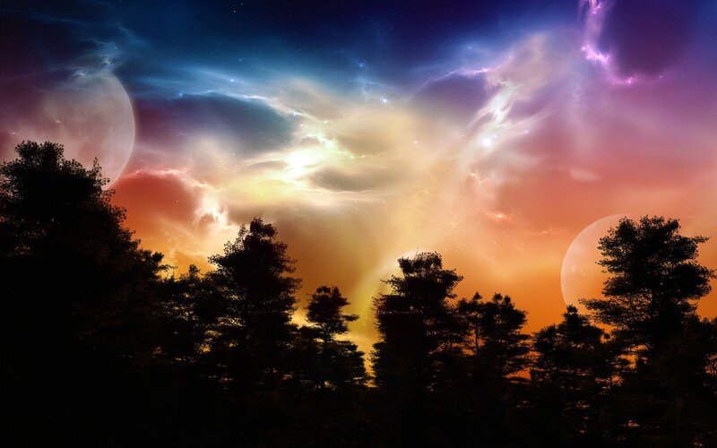Silhouetted Trees under Nebula — Purple, Dramatic