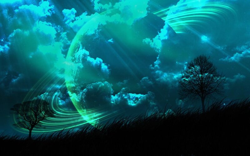 Silhouetted Trees under Planet — Teal, Dramatic