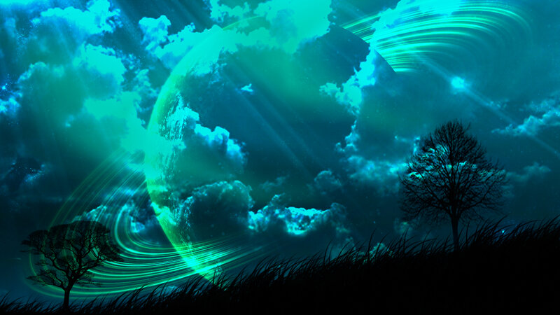Silhouetted Trees under Planet — Teal