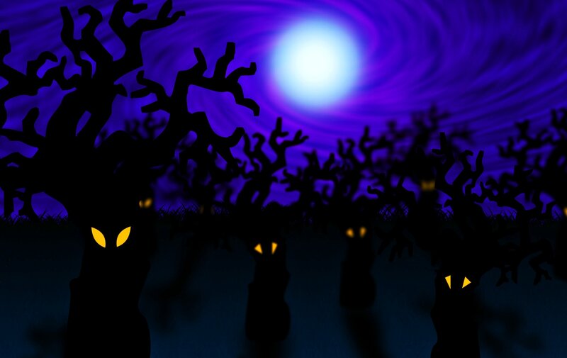 Silhouetted Trees with Glowing Eyes
