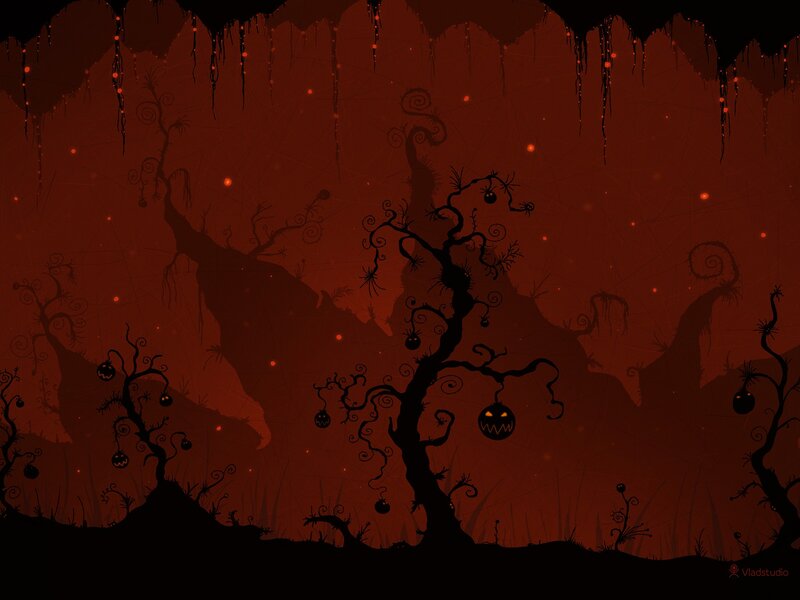 Silhouetted Trees with Pumpkins — Red