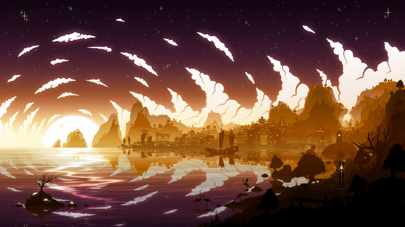Silhouetted Village at Sunset — Purple