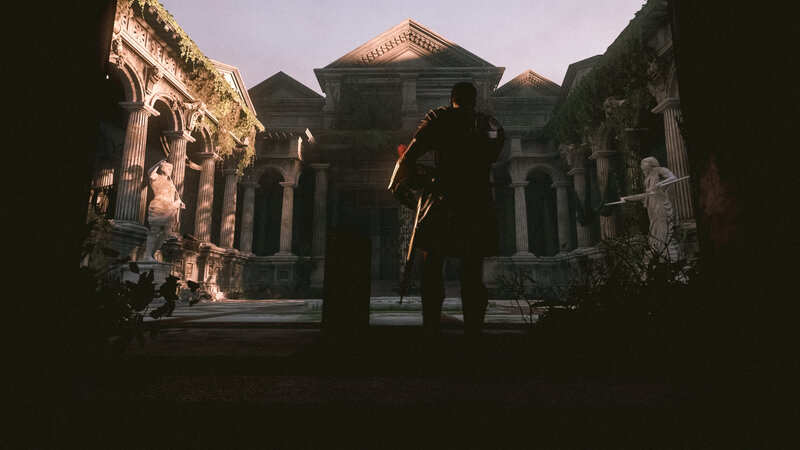 Silhouetted Warrior in Courtyard